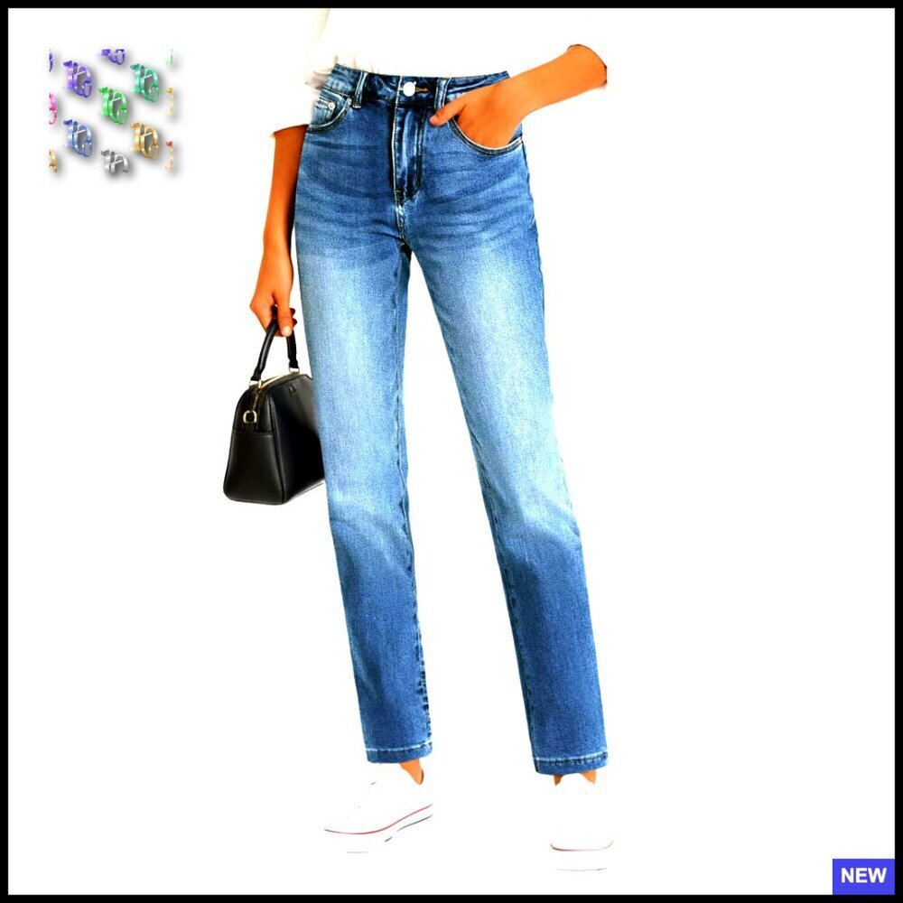 Straight Leg Jeans High Waisted Mid Rise Stretchy Denim Tapered Petite